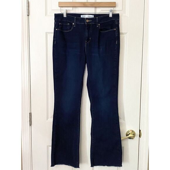 Levi Strauss Blue Denim Bootcut Jeans Mid-Rise Raw Frayed Hem Dark Wash Size 12 - Picture 1 of 10